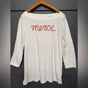 Loft Embroidered white Merci T-shirt Sz L. NWT. Never worn.